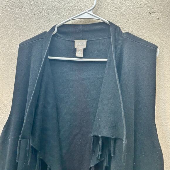 Chicos Size 2 Sweater Vest Black Open Front Knit Fringe Whimsigoth Boho Western - Picture 2 of 7